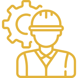 Worker icon with hard hat and gear.