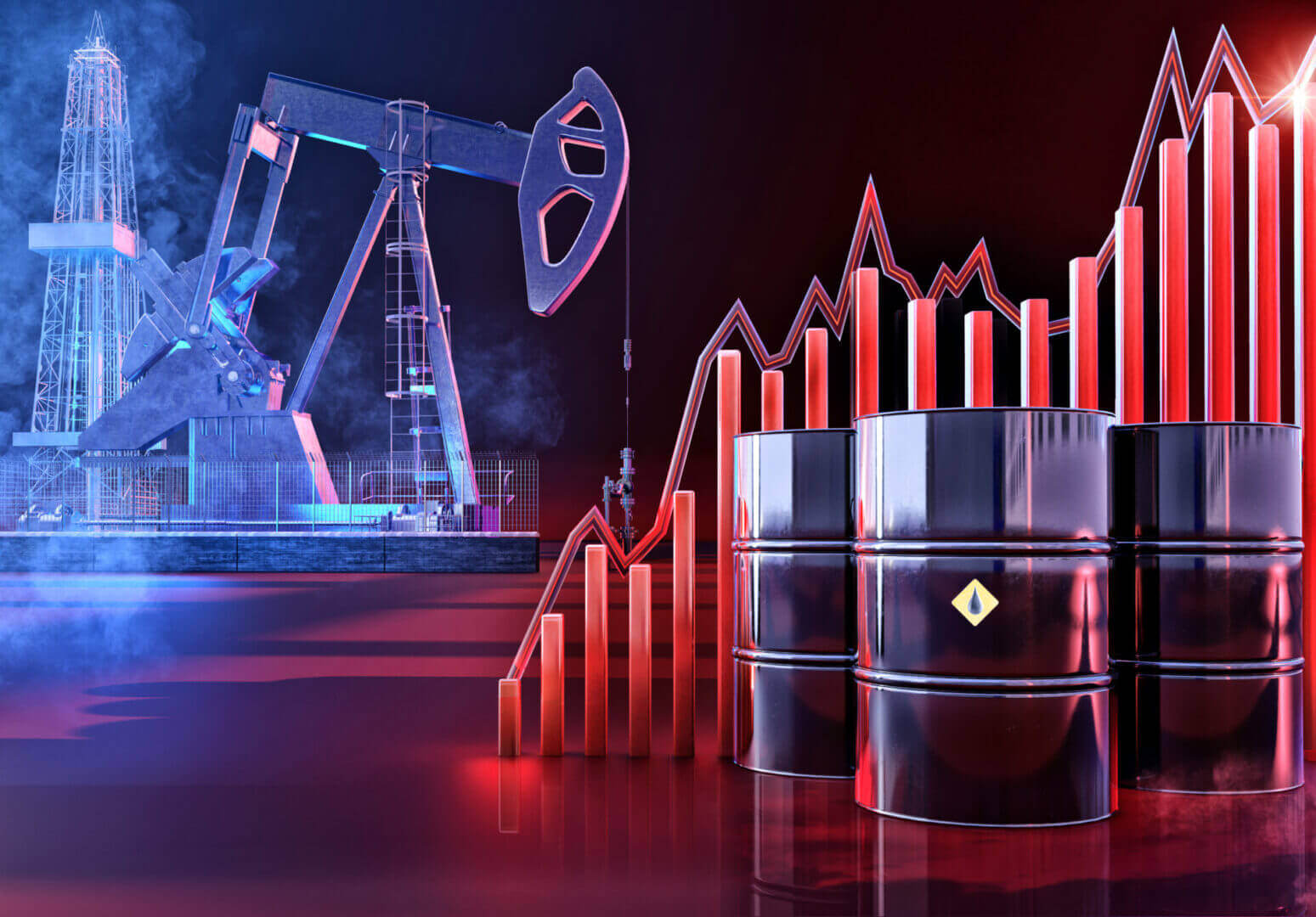 Oil pumpjack with barrels and rising financial graphs symbolizing the energy market.
